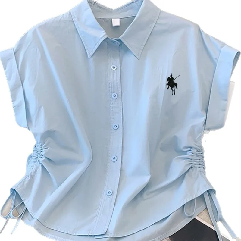 2026 Women Spring Summer Solid Color Collar Drawstring Waist Shirt Embroidered Loose Slimming Commuter Short Sleeve Top