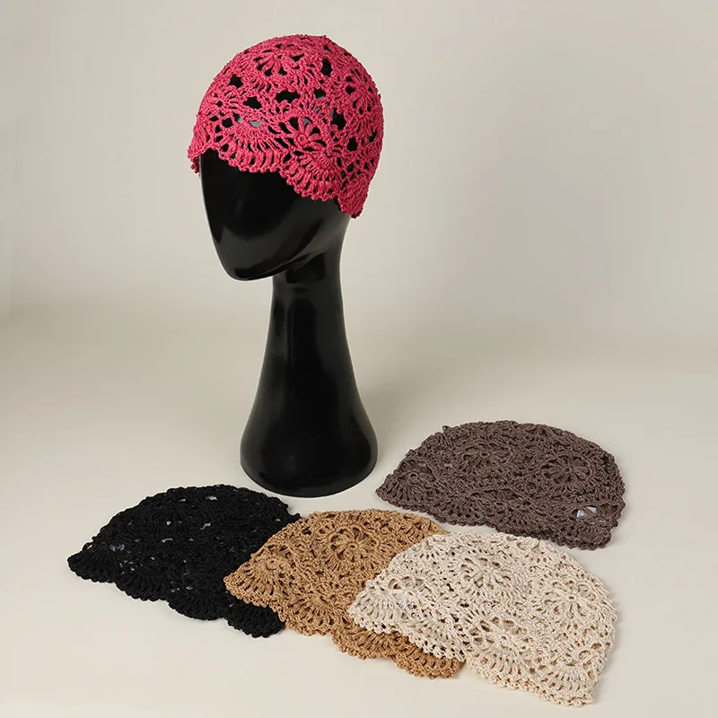 Women Handmade Crochet Paper Yarn Beanie Elegant Lady Style Turban Hat Summer Breathable Hollow Out Knitted Beanie Cap