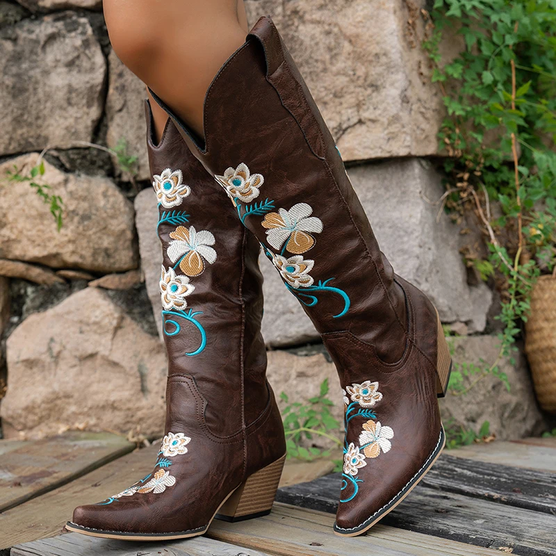 Vintage Flower Embroidered Long Cowboy Boots Women Western Country Pu Leather Knee High Boots Woman High Heel Cowgirl Shoes