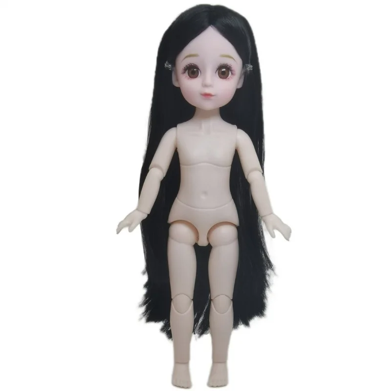 New 1/6 White Muscle Naked Body Doll Black Long Hair 30cm BJD Doll Movable Joint Girl Beautiful DIY Toys Doll Children's Toys