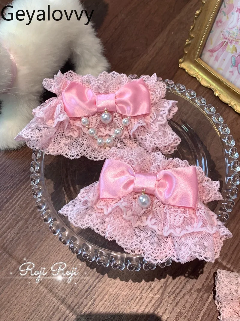 Roji Original Lolita สาวหวานแขนผู้หญิง Kawaii Bows Lolita น่ารักลูกไม้สีชมพูลูกปัดอุปกรณ์เสริมแขน