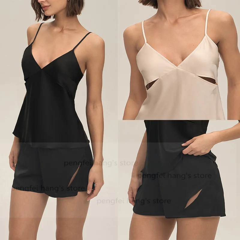 

Шифоновый ажурный топ на бретельках, шорты, 2 шт., одежда для сна, сексуальная атласная домашняя одежда, женский топ без рукавов, шорты, ночные пижамные комплекты, пижамы