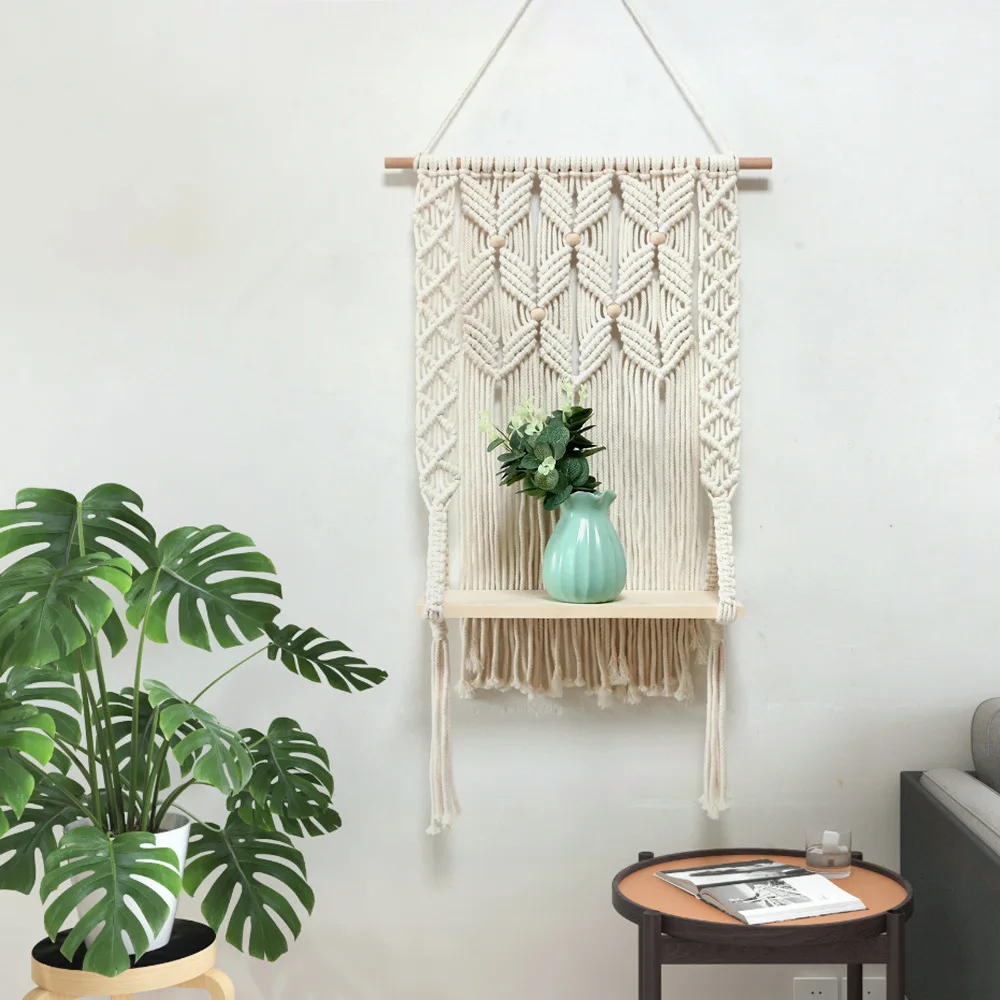 

Macrame Hanging Shelf Beige Floating Shelves Rope Shelf for Wall Hanging Plants Boho Decor for Bedroom Living Room,