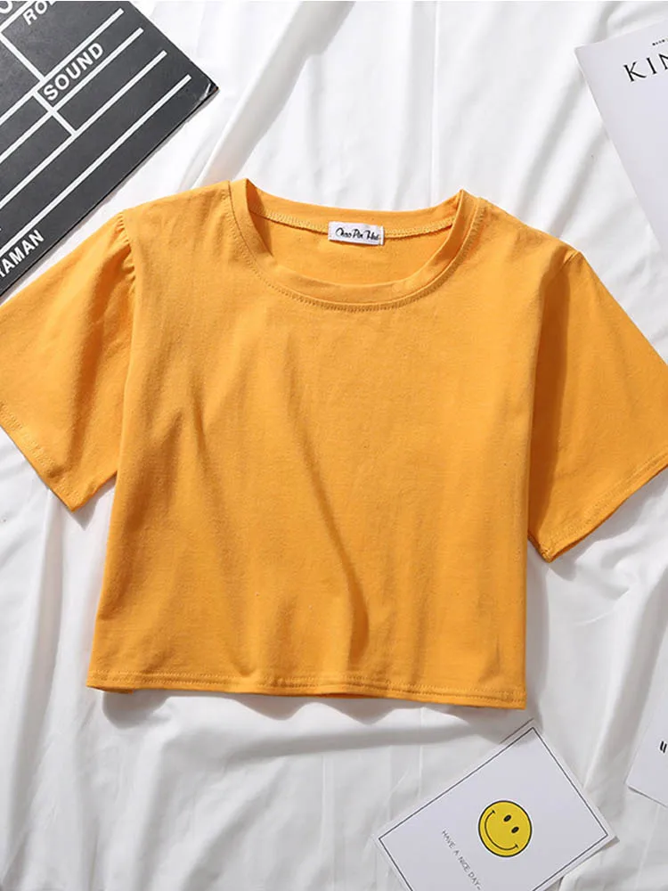 Summer Short Sleeve T Shirts Women Cotton Solid T-shirt O Neck High Waist Crop Top Tee Female Casual Loose T Shirt