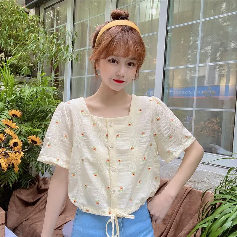 Women Summer Thin Simplicity Sweet Printing Lacing Square Collar Short Sleeve Shirts Women Clothes Casual Appear Thin Trend Tops