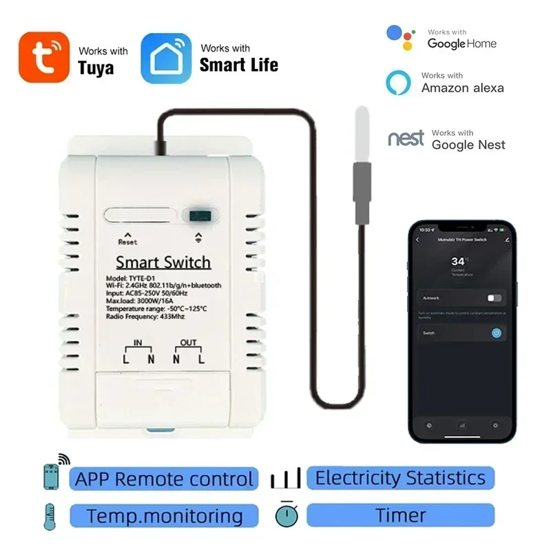Tuya – interrupteur de température Intelligent, 16a, 3000W, avec surveillance de la consommation d'énergie, Thermostat Intelligent, Compatible avec Alexa Google