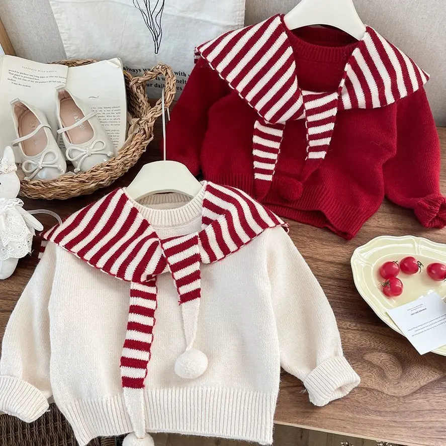 Boys' and Girls' Knitted Sweater Autumn/Winter New Collection Children's Striped Shawl Sweater Red Top