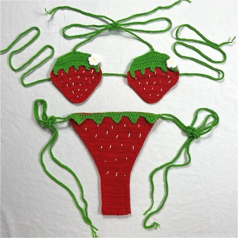 Seksowny, ręcznie robiony strój kąpielowy w truskawki, bikini damskie z owocowym motywem, regulowany strój kąpielowy z bandażami, dzielony strój kąpielowy, damski strój kąpielowy w cytryny, strój plażowy.