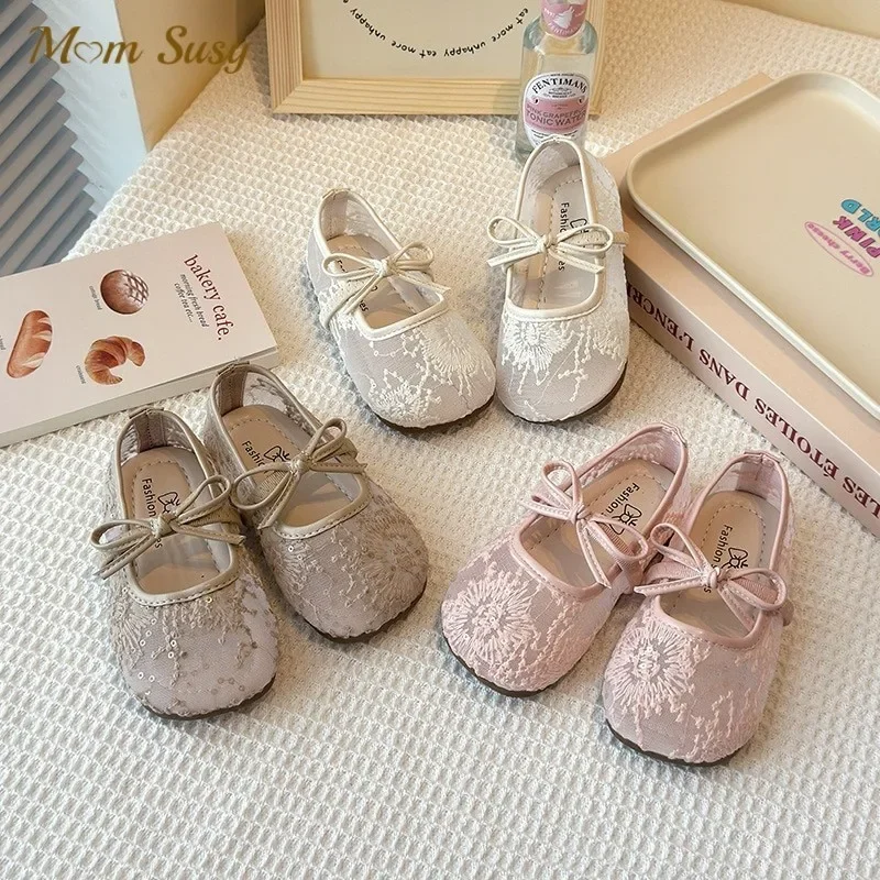Baby Girl Princess Elegant Lace Shoes Infant Toddler Child Flat Hook Loop Band Bow Shoes Soft Bottom Shoes Spring Autumn Summer