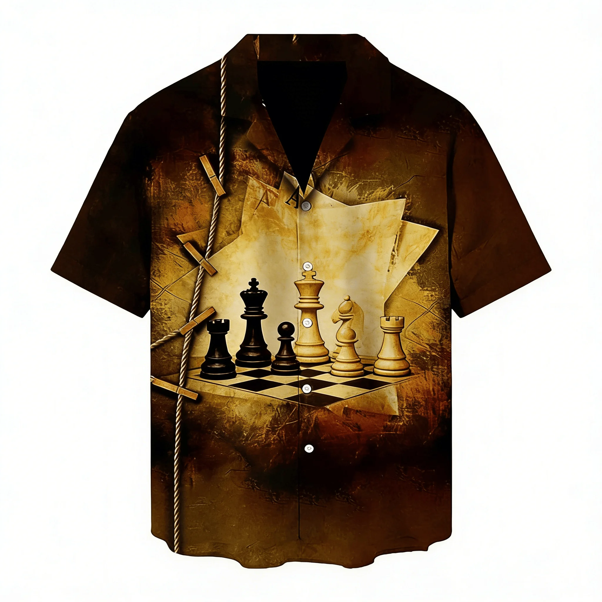 Men's Vintage Poker Print Short Sleeve Shirt, Spring Summer Retro Trend Casual Top, Pocket Lapel Style