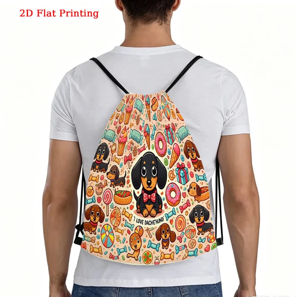 Cute Cartoon Dachshund 2D Print Drawstring Backpack Gym Sports Outdoor Travel Bag