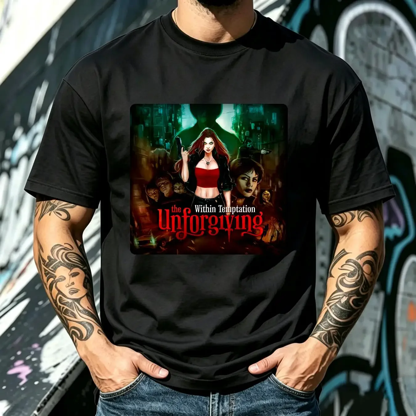 washed T Shirt Vintage Within Temptation rock band ST8074 vintage Washed Casual Stretched graphic Comfortable
