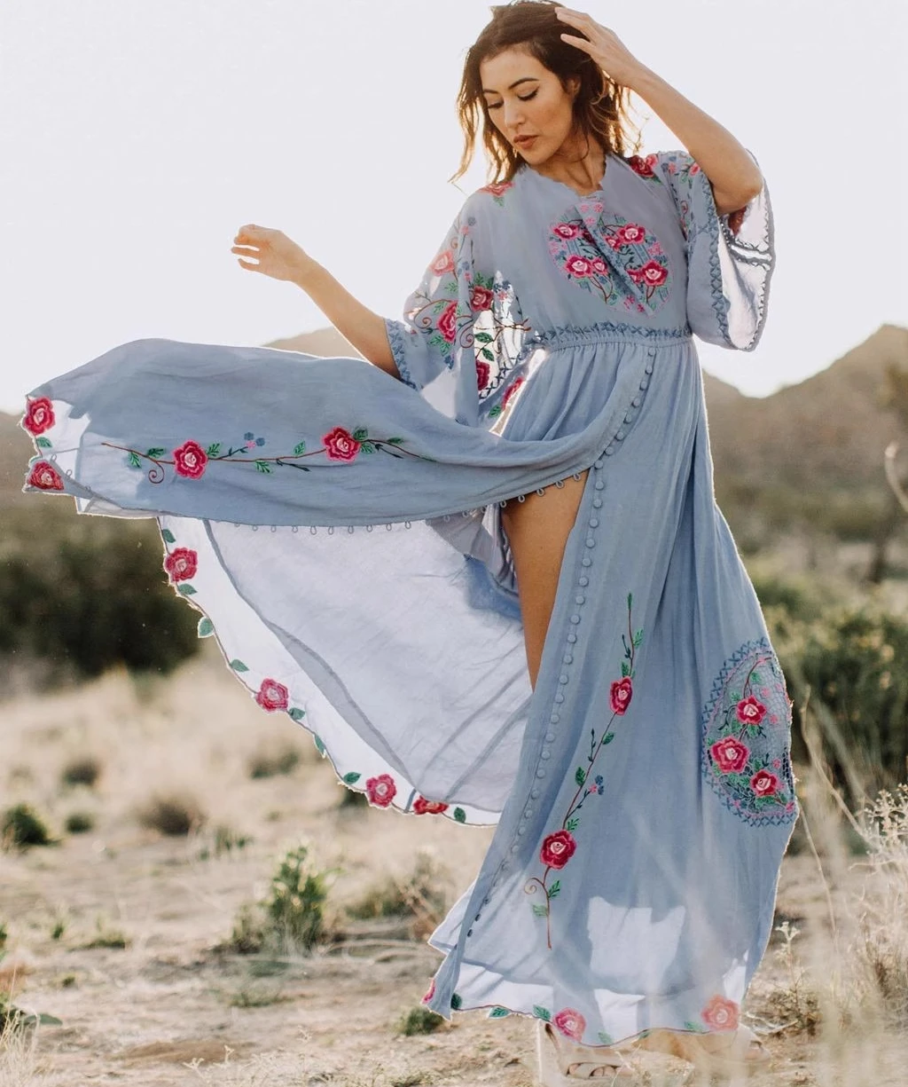 Elastic Waist Both Sides Wearable Maxi Dresses Women Boho Beach Cotton Floral Embroidery Robe Vintage Backless Dress Vestidos