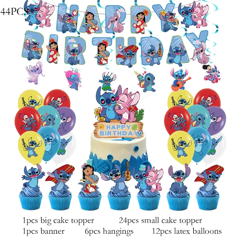 Disney-Decoraciones de Lilo Stitch para fiesta de cumpleaños, vajilla temática de puntada azul para niños, taza, plato, globo angular, suministros