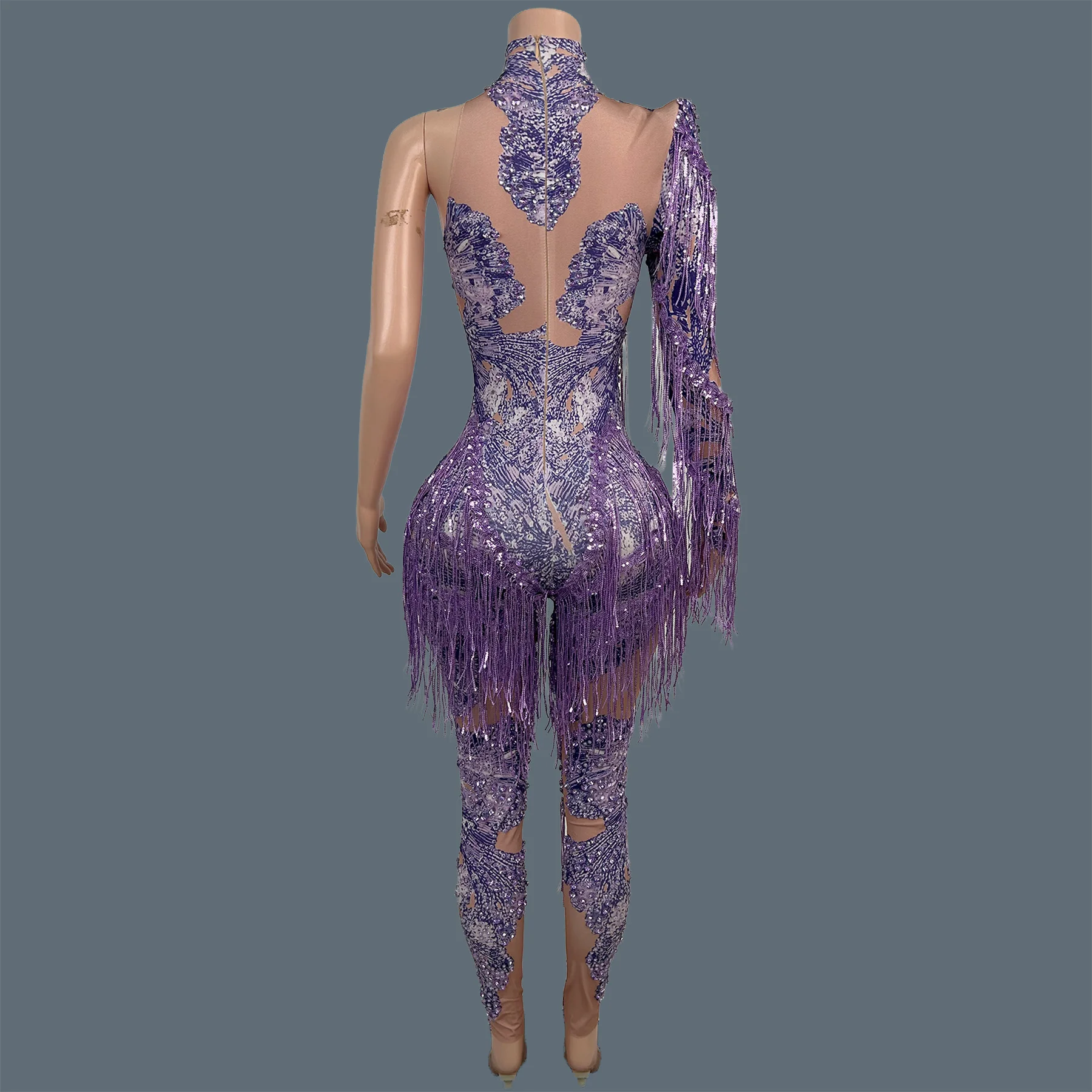 Women One Sleeves Rhinestone Sequins Tassel Tight Fitting Jumpsuit Drag Queen Performer Dance Wear Streamer Party Outfit Duxiu