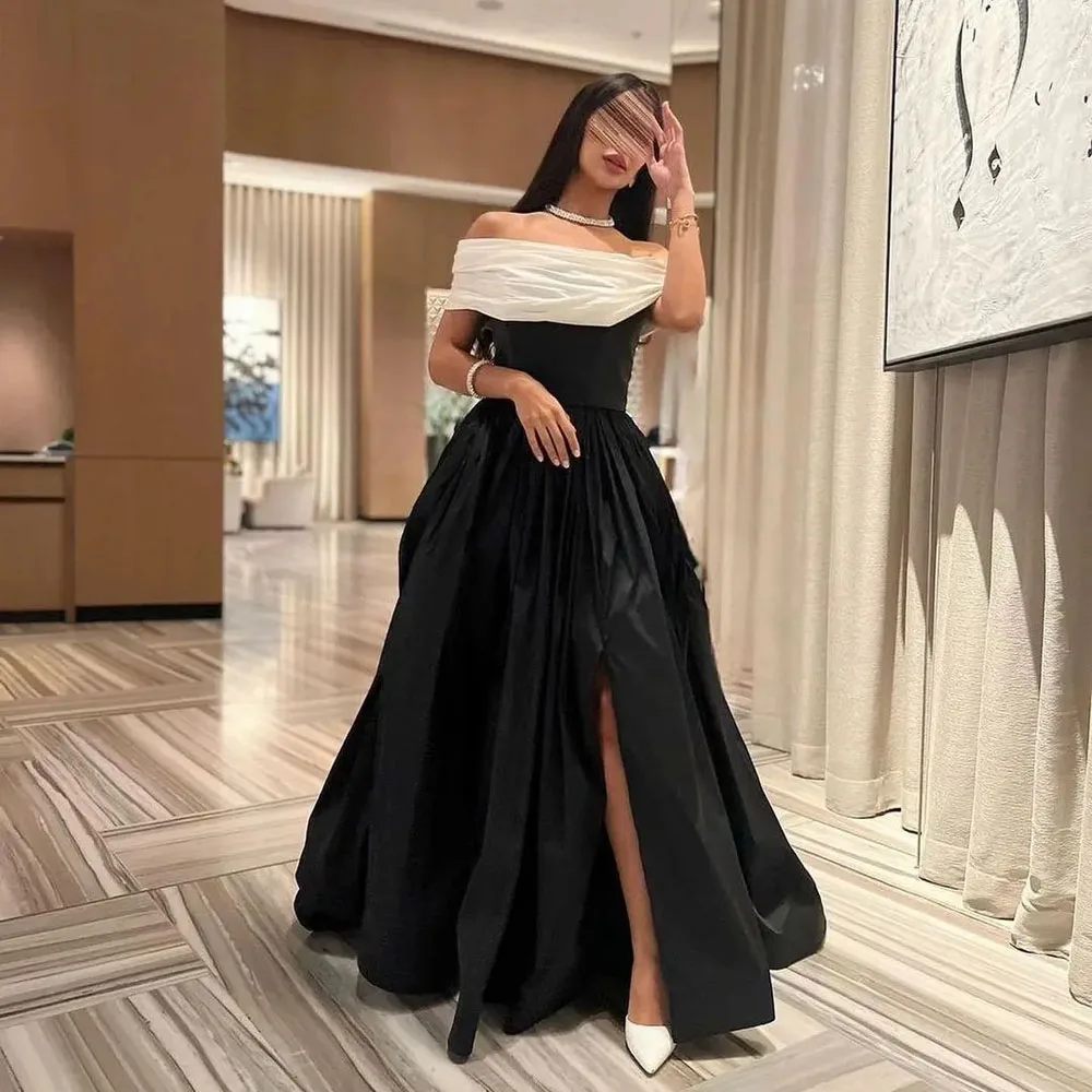 MOBEYE 2024 Vintage Black Prom Dress Off Shoulder Pleated Robe Evening Floor Length Formal Party Dress