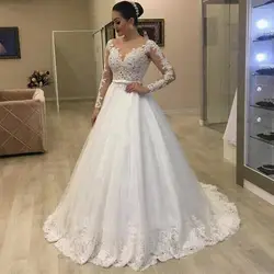 ZJ9305 Personalizado Apliques Mangas Compridas Vestidos De Casamento Branco Laço Inferior Vestidos De Noiva Para As Mulheres 2023 Custom Made