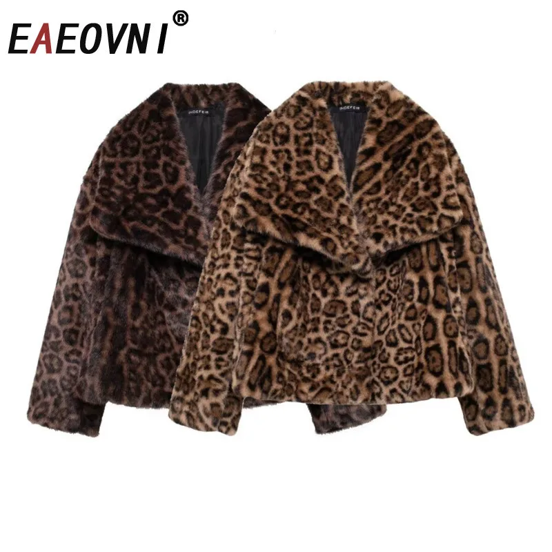 EAEOVNI 빈티지 겨울 레오파드 퍼 스플라이스 코트 여성 패션 라펠 대비 색상 스트리트웨어 재킷 2026 아우터웨어 의류