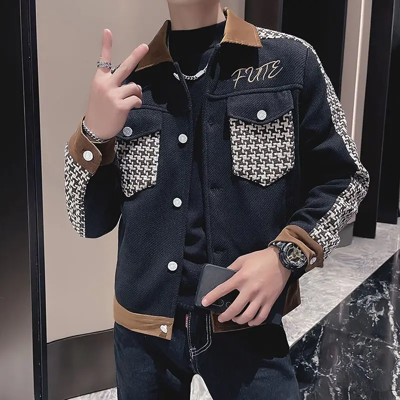 

​ Осень-зима 2022, мужская куртка-карго с узором «гусиные лапки», корейское утолщенное шерстяное пальто с лацканами и дизайном с цветными блоками ​