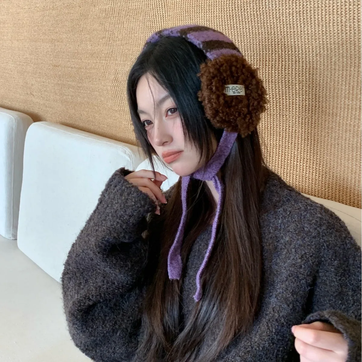 Autumn Winter New Korean Style Wool Curl Yarn Horizontal Stripe Jacquard Knitted Earmuffs 2 in 1 Multi-use Tie Strap Neck Warmer