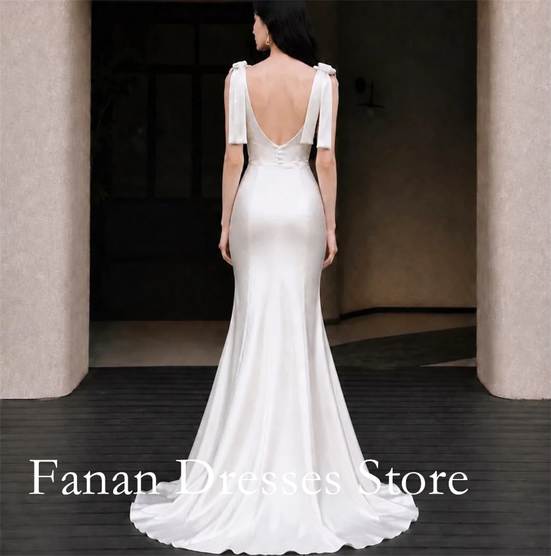 Deep V Spaghetti Strap Wedding Dress Shoulder Bow Detail Shiny Satin Bridal Gown Short Train Minimalist Elopement Wedding