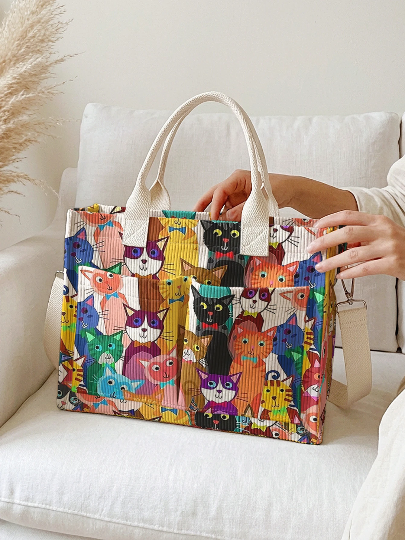 Colorful Cartoon Cats All Over Print Corduroy Tote Bag Large Capacity Multi Pocket Detachable Crossbody Shoulder Bag