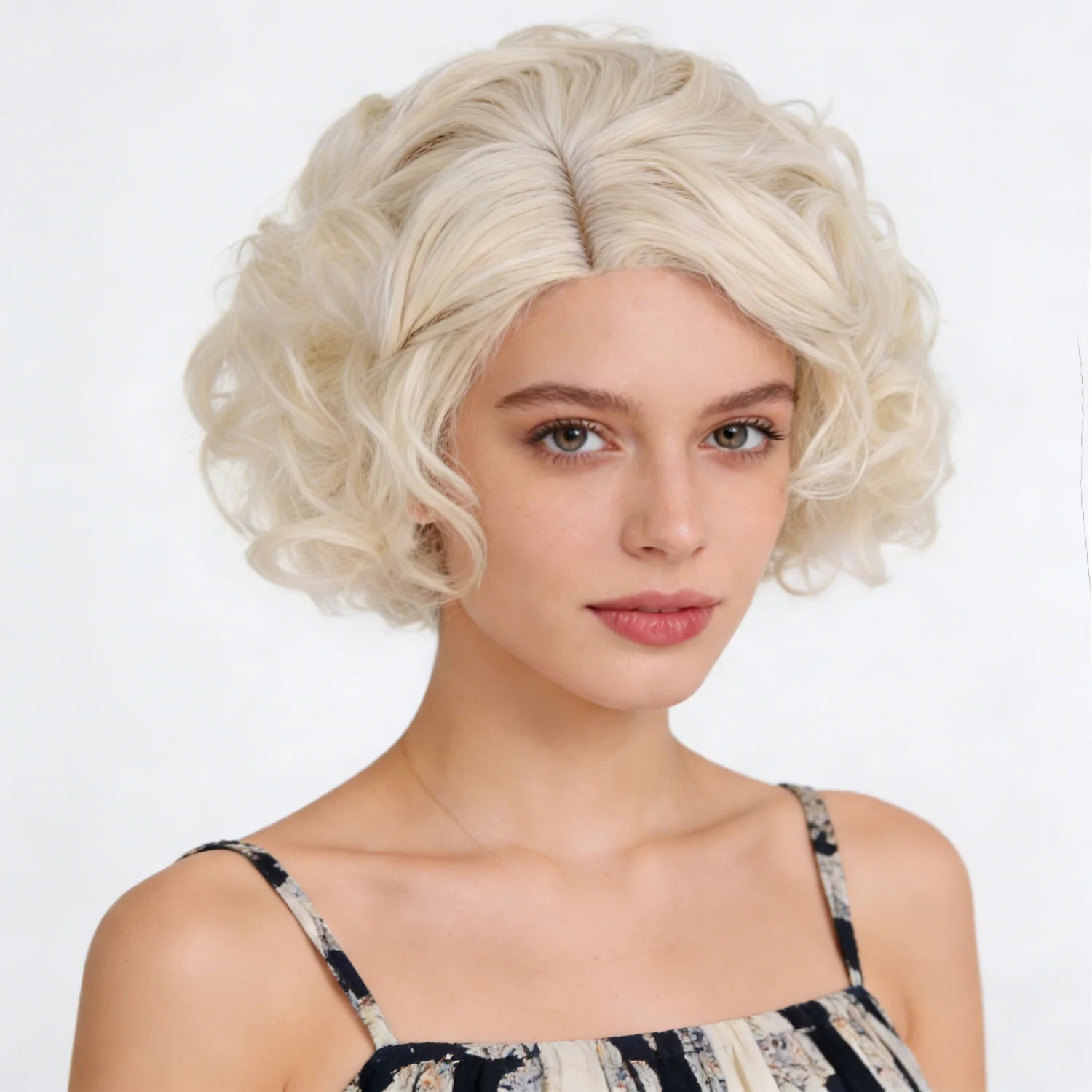 

Women's Short Curly Platinum Blonde Synthetic Wig 12 Inch Fluffy Heat Resistant for Vintage Cosplay Halloween Daily Party Wear