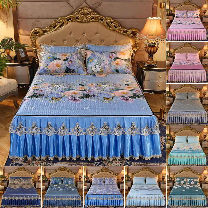 

Summer Cooling Bed Skirt Set Detachable Ruffle Lace Bedspread Soft Mattress Cover Non Slip Protector Bedding Set for Home Use