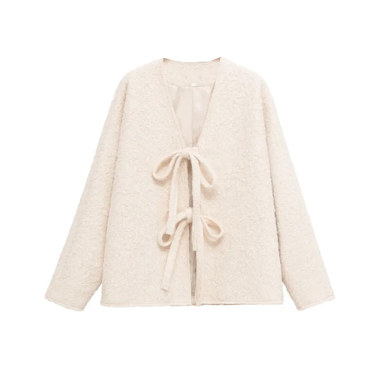 Cardigan in tessuto di lana da donna caldo autunno inverno Cappotto sexy con fiocco casual Abbigliamento da donna Maniche lunghe larghe Top femminili morbidi