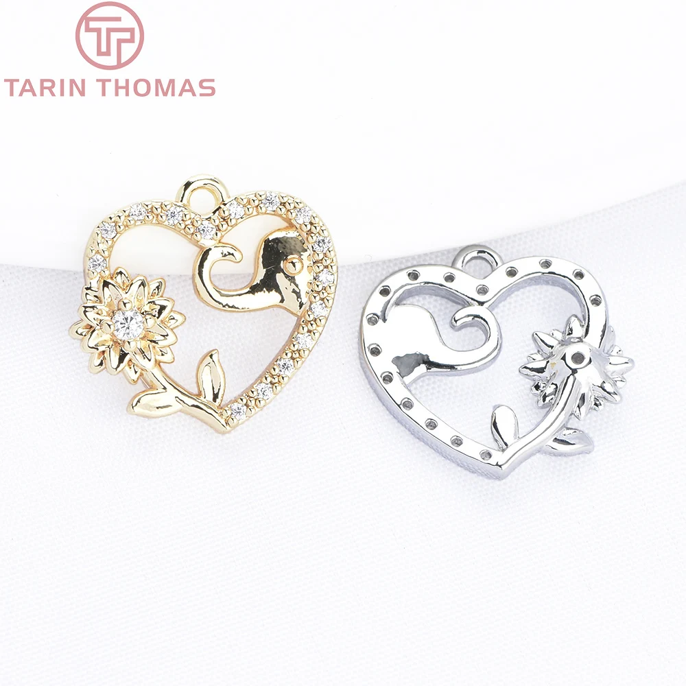 (9682) 4PCS 24K Gold Color with Zircon Heart Shaped Hollow Flower Elephant Pattern Pendants Hight Quality DIY Jewelry Making