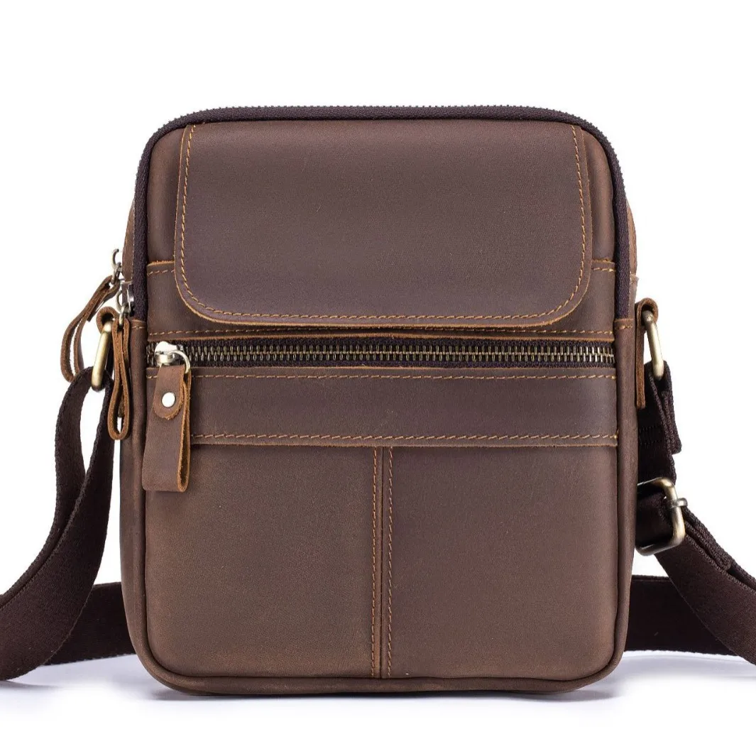 Men's genuine leather spliced single-shoulder bag, square vertical retro travel crossbody bag