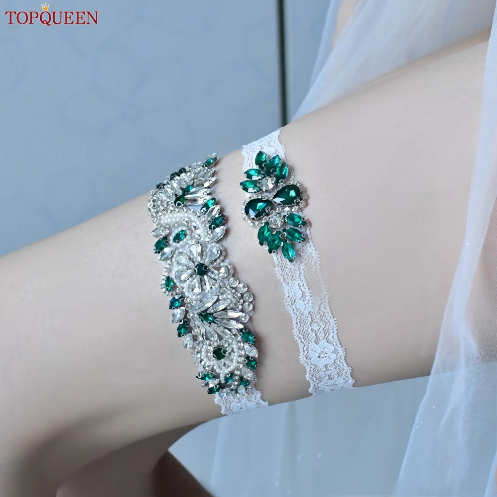 TOPQUEEN-ligas sexys para el muslo, traje de encaje con diamantes de imitación verdes, ligueros para piernas, cinta de boda, liga, porte, jartelle,