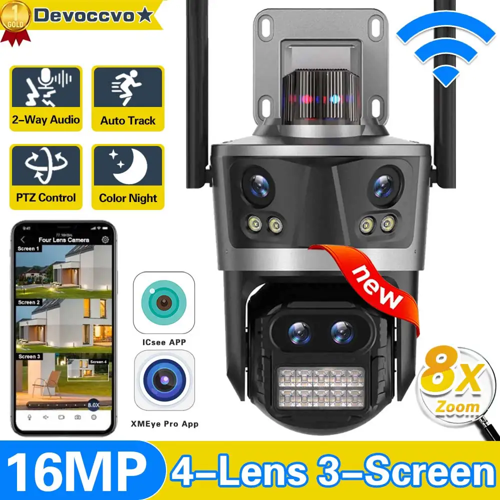 

8K 16MP WiFi PTZ Camera Four Lens Three Screens 8X Zoom Outdoor CCTV Security Camera Auto Tracking Video Surveillance IP Cam