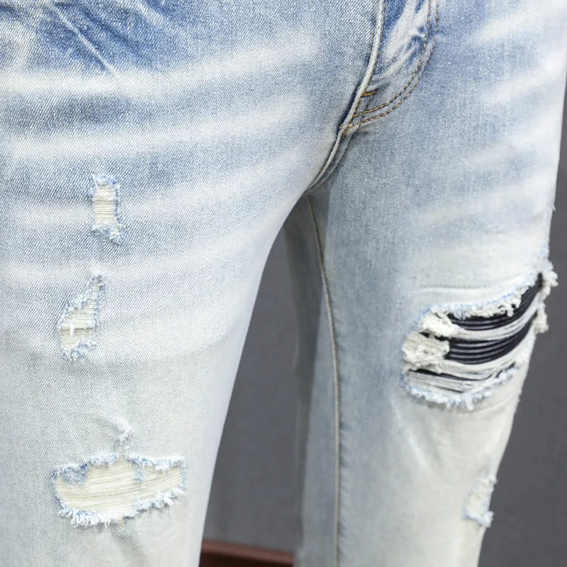 Street designer fashionable men's jeans retro light blue elastic tight corrugated jeans men's black patch hip-hop brand pants ho