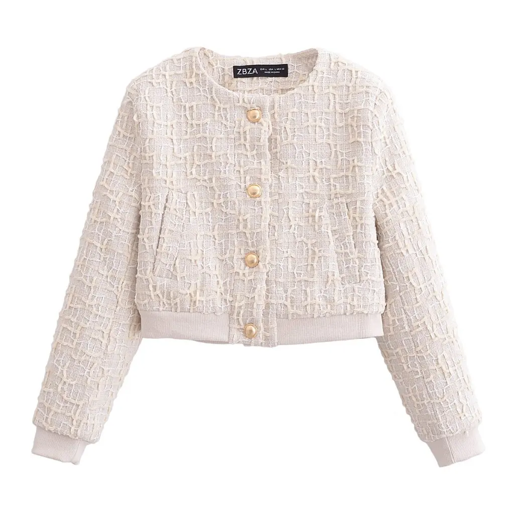 

Women's Crewneck Texture Short Bomber Jacket Button Ornament Spring Autumn New Style 3046282