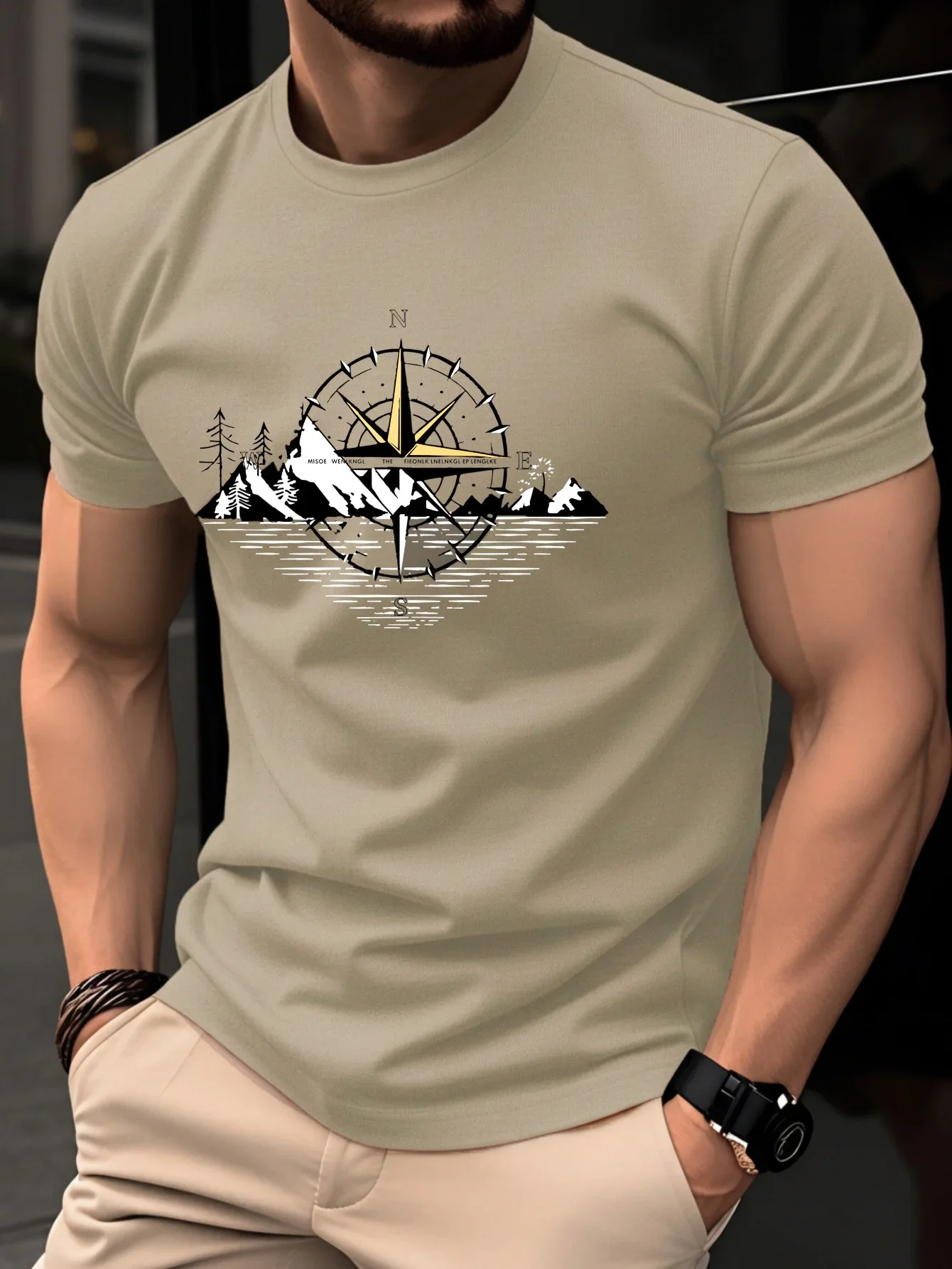 Trendy Men's Compass Explorer T-Shirt Expand Your Horizon Nautical Graphic Crew Neck Short Sleeve Outdoor Adventure Casual Tee