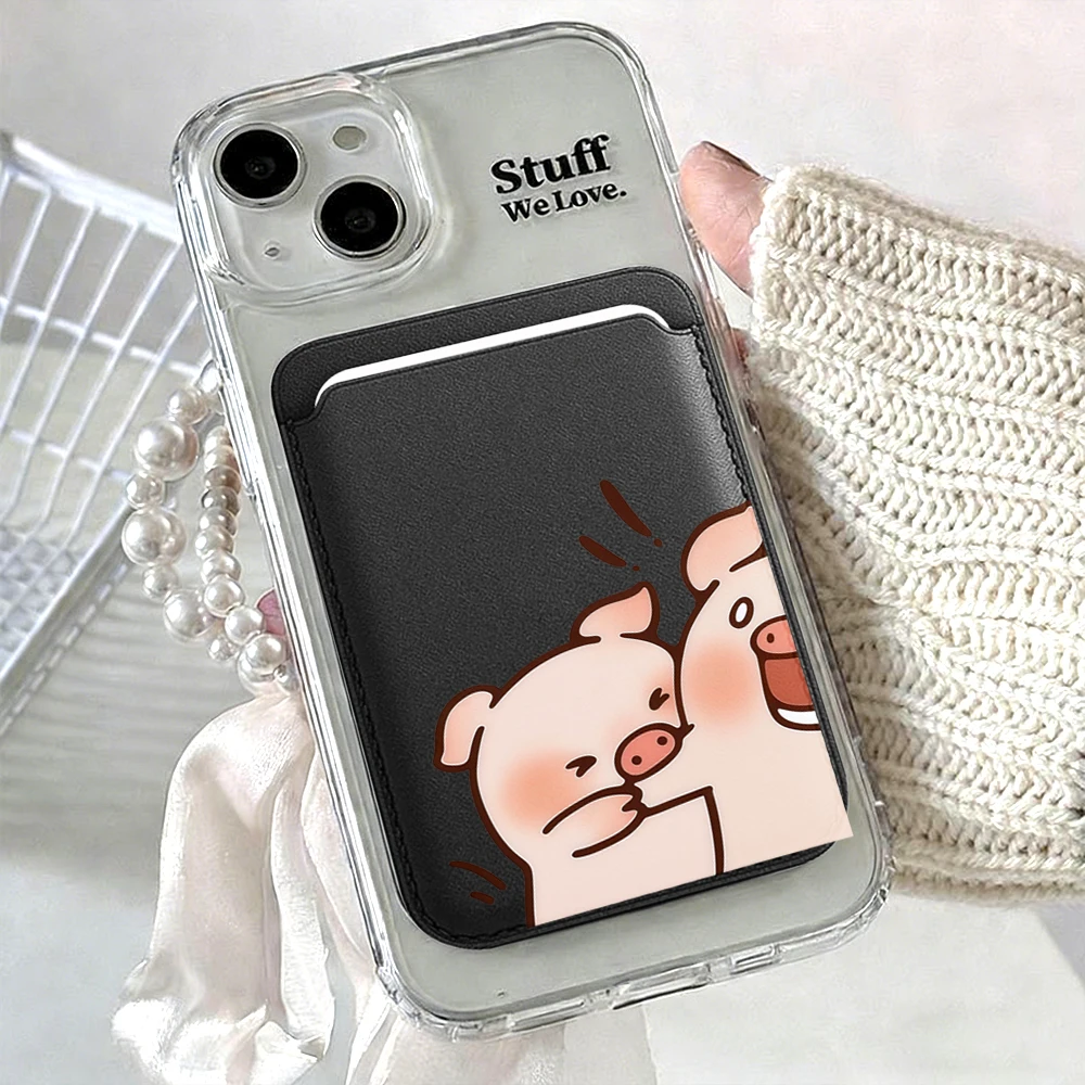 Leder-Kartenhalter mit Cartoon-Schweinchen-Motiv für Paare, Handy-Kartenhalter für Magnetische Hüllen, Geeignet für alle iPhone Magsafe Karten-Handy-Rückseiten-Taschen – Detail 13