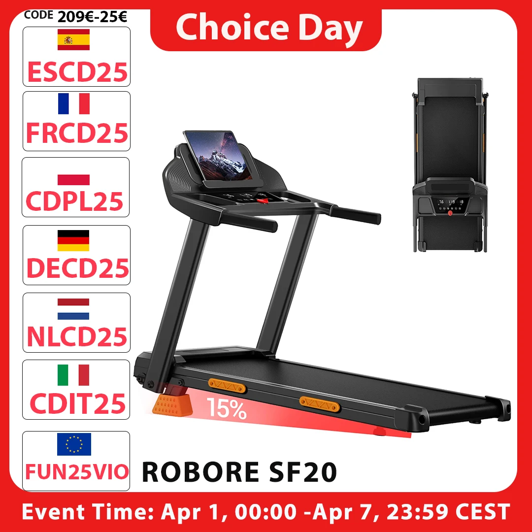 Tapis roulant pliable ROBORE SF20 avec inclinaison de 15 %, 12 km/h, avec accoudoirs, charge maximale 136 kg pour la maison et le bureau