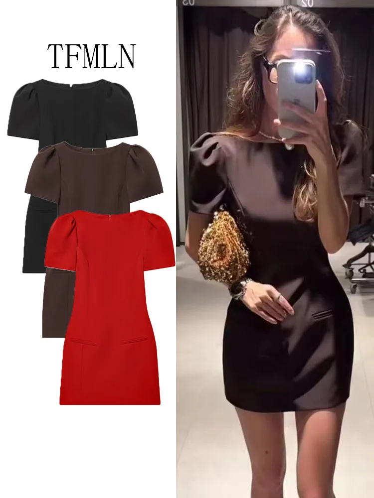 Neue frauen Kurzarm Kleid Elegante Solide Runde Kragen Einfache Pendeln Outfit Mode Weibliche Puff Hülse Kurze Kleider