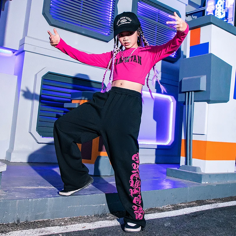 

Hip Hop Girl Rose Red Crop Top Joggers Kid Sweatshirt Street Dance Baggy Pants Clothes Sets Child Streetwear Jazz Stage Costumes