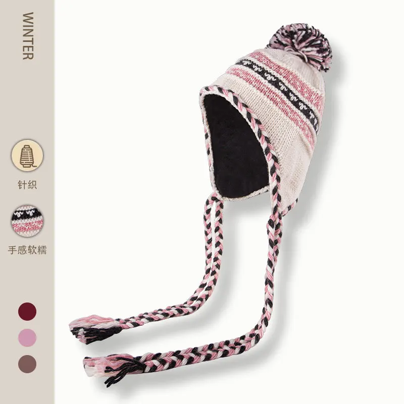 男性と女性のための日本のジャカードニットプルオーバー、冬の飛行帽子、暖かい色の対照的な、タッセルストラップ爆撃機の帽子、屋外