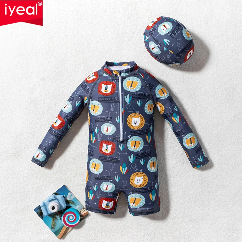 IYEAL Fashionable Children's Swimsuit Cute Boys' Printed Swimsuit Beach Long Sleeved Sunscreen Hot Spring Swimsuit+Swim Cap Set