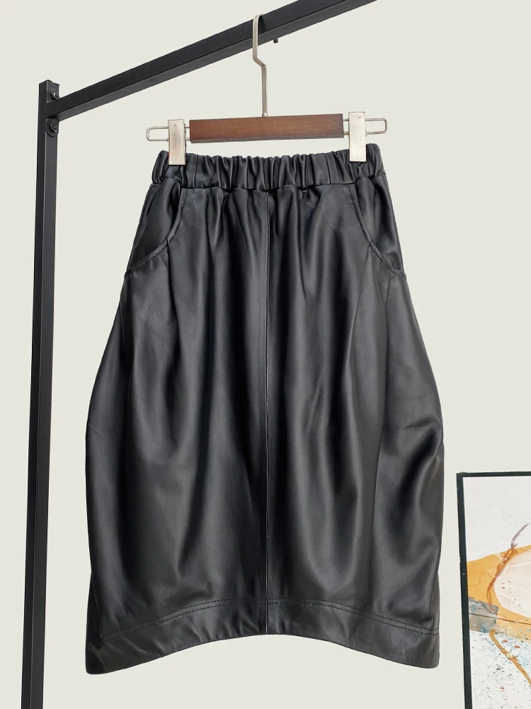 Spring New High Quality Genuine Real Leather Skirt Women's Loose High-Waisted Fashionable All-Match Midi