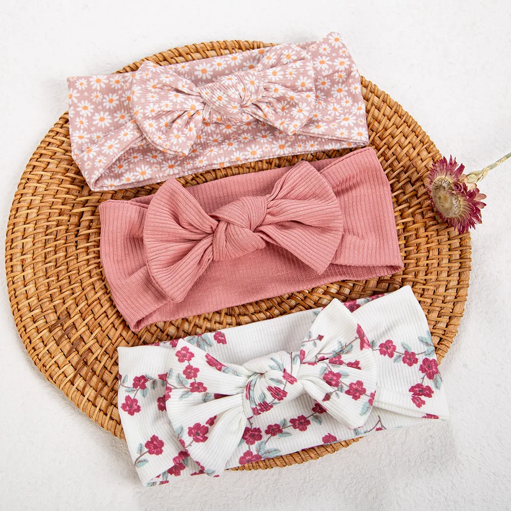3Pcs/lot Ins Ribbed Baby Girls Headbands Floral Red Heart Dasiy Print Bows Elastic Hair Bands Toddler Vintage Hair Accessories