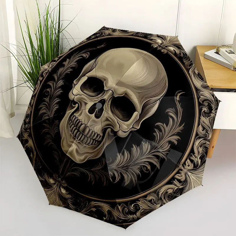 

Декоративная тарелка с готическим черепом и компактный зонт-трость (3 сложения) - автоматическое открытие, прочная 8-спицевая конструкция, черно-золотой узорчатый дизайн - V