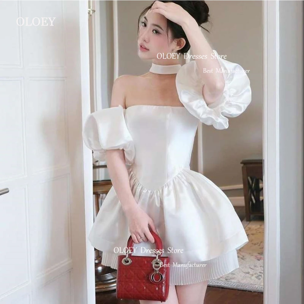 

OLOEY Simple Mini Short Wedding Dresses Korea Photoshoot Cocktail Party Dress Puff Short Sleeves Bride Dress Event Formal Gowns