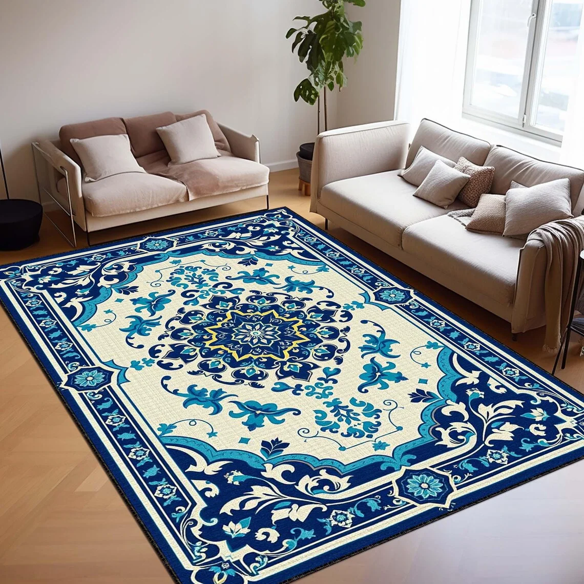 Blue Turkish Kilim Art Deco Rug Classic Oriental Carpet, Boho Woven Floor Mat for Vintage, Eclectic, Mediterranean Decor, Rug