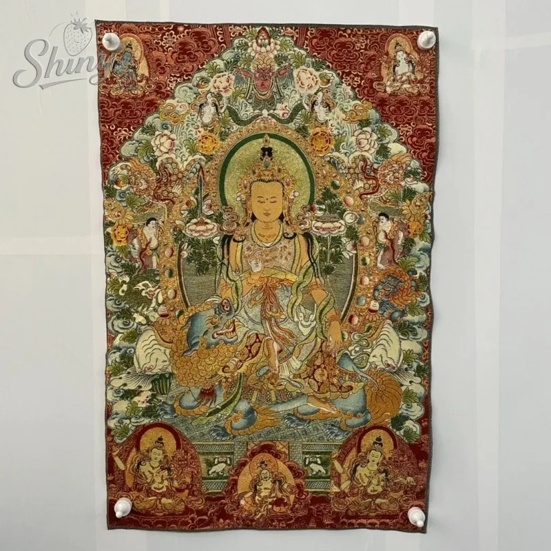 

35.4″ Manjushri Bodhisattva Brocade Tibetan Tangka Embroidery Painting Gold Thread Embroidery Decorative Hanging Pictures
