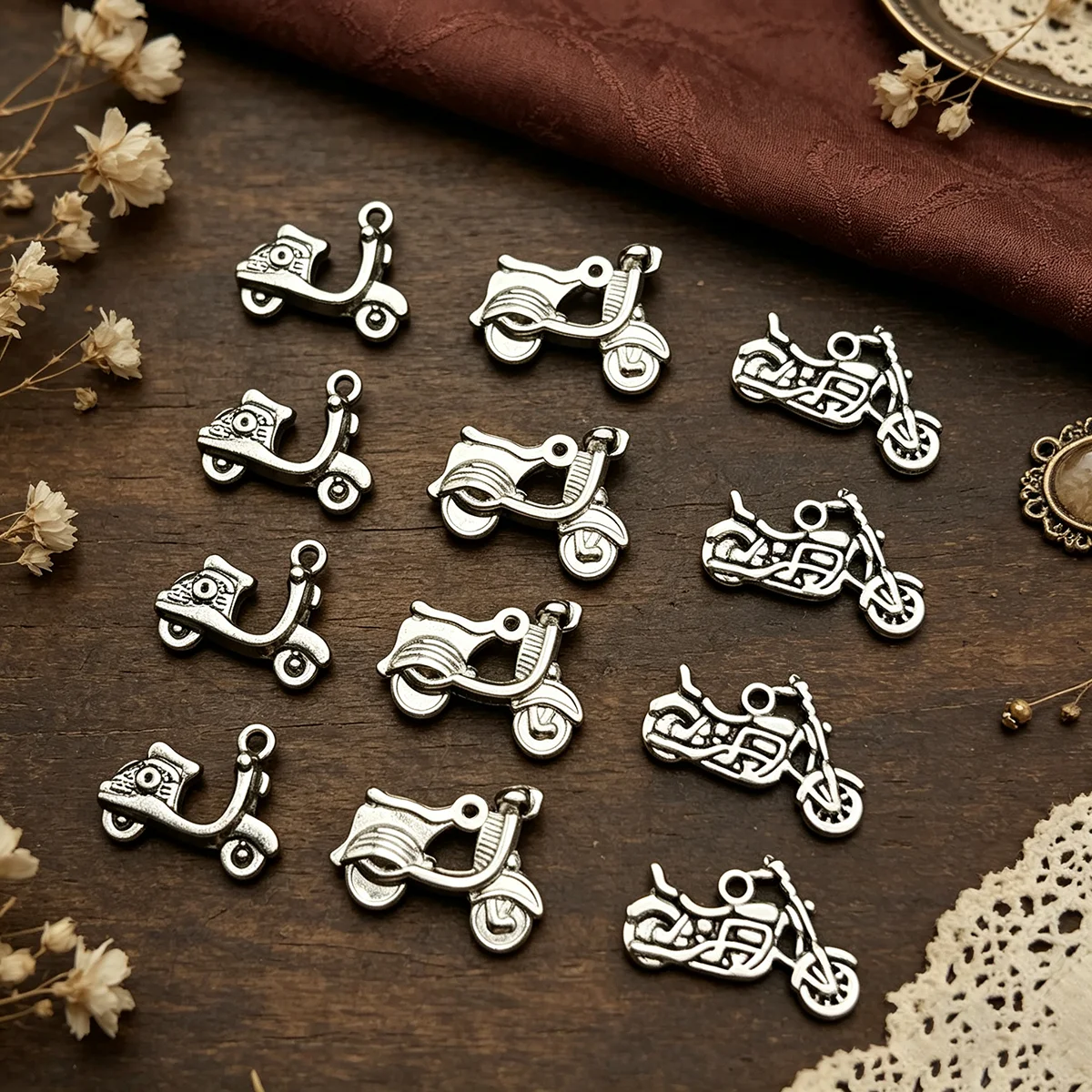 12-Piece Set of Trendy Motorcycle-Themed Handmade Accessories, Small Motorcycle and Scooter-Style Parts, Suitable for DIY Bracelets, Necklaces, Earrings, Pendants, and Basic Materials for Biker-Style DIY Jewelry