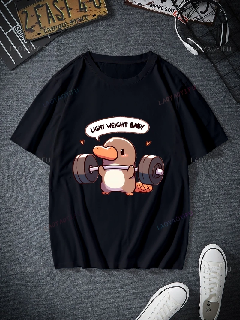 Fun Platypus Weightlifting Show Graphic Printed Shirts, Unisex Everyday Streetwear, Spring/summer Fashion Casual Cotton T-shirts